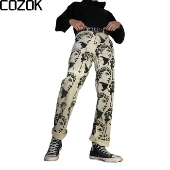 Streetwear Blugi Barbati Pantaloni Hip-Hop-ul Vibe Stil Portret Imprimare Direct Pantaloni sex Masculin Streetwear Casual Cravată-Vopsite Pantaloni din Denim