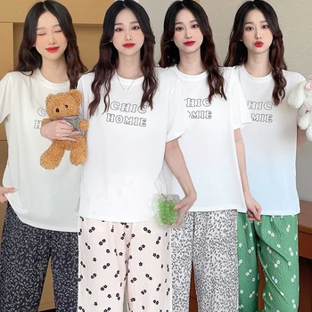 2023 Vara Maneca Scurta Pantaloni Lungi din Bumbac Imprimare Seturi de Pijama pentru Femei coreene Liber Sleepwear Homewear Pijama Mujer Haine de Acasă