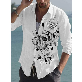 Toamna Noua Barbati Tricou Craniu De Imprimare Personalitate De Moda Casual Supradimensionat Rochie Cu Maneci Lungi Tricou Vrac Pentru Bărbați Bluze Bluza Camasa