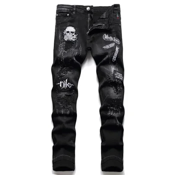 Nouă Primăvară Punk Blugi Barbati Brodate Pantaloni din Denim Mijlocul Talie Casual de Stradă pentru Bărbați de Moda Blugi Rupți Full Lungime Pantaloni
