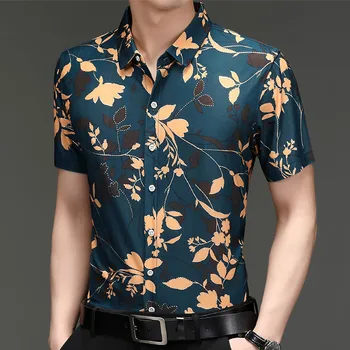 Noi Vara Casual Nobil Aurit Imprimat Tricouri Pentru Bărbați Moale Subțire Subțire Uscare Rapidă Topuri De Lux Pe Plaja Cămașă Hawaiană Revere Homme
