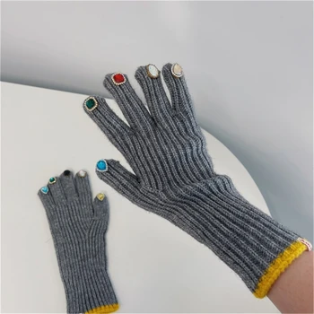 Stras Mănuși francez de Epocă de Lux Tricot Mănuși pentru Femei, Mănuși de Deget Plin cu Stras Decoruri pe Degetul Sfaturi