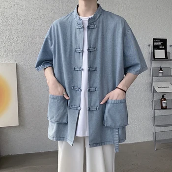 Noua Moda Tang Tradiționale Pânză Butonul de Buzunar Tricou Bărbați Vară Denim Subțire Topuri din Asia Oriental pentru Bărbați Haine Noi