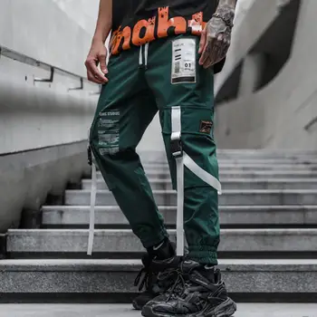 Negru verde panglici hip hop pantaloni cargo Japonez techwear uzura stradă oameni talie elastic slim fit joggers casual pantaloni sport