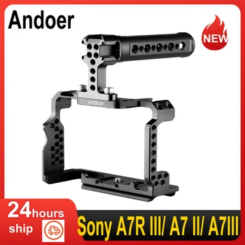 Andoer Camera Cage Kit pentru Sony A7R III/ A7 II/ A7III Aliaj de Aluminiu cu echipament de Top Mâner din Lemn de Prindere