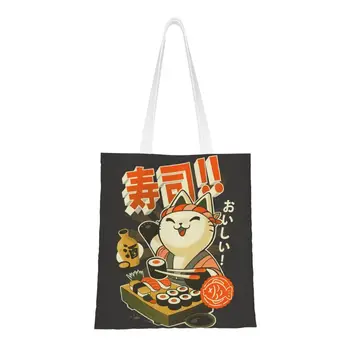 Personalizat Mâncare Japoneză Panza Geantă De Cumpărături Femei Portabil Alimente Bucătar De Sushi Cat Shopper Tote Pungi