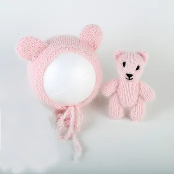 Roz Nou-Născut Întinde Capota Set De Jucării Handknit Angora Copil Pălărie Ursuleț De Pluș Jucării Nou-Născut Recuzită Fotografie