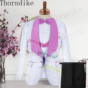 Thorndike Jacquard Alb Bărbați Costum Violet De Lumină Șal Rever Slim Fit Sacou+Vesta+Pantaloni Pentru Nunta Mire Costume Petrecere De Afaceri