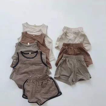2022 De Vară Pentru Copii Pantaloni Scurți Set Baby Boy Fata Cu Dungi, Fără Mâneci Vesta + Liber Simplu De Bumbac, Pantaloni Scurți Costum De Haine Pentru Sugari