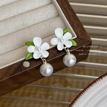 Proaspăt White Gardenia Cercei Stil francez de Flori și Frunze Verzi de Înaltă calitate Pearl Blând Super Bune Bijuterii
