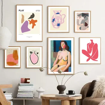 Rezumat Nordic Poster Nud Femeie Vaza Geometrie Cat Frunze De Plante Wall Art Print Minim Panza Pictura Cameră Decor Acasă