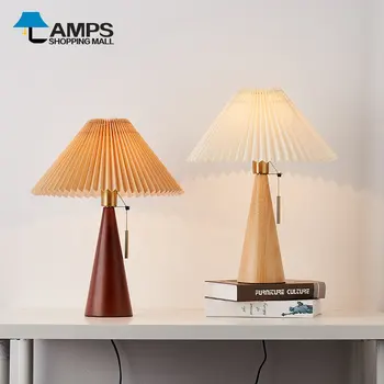 Vintage Plisata Din Lemn Lumina De Noapte Creative Lampă De Masă De Studiu Dormitor Lampa Decor De Pe Abajur Alb E27 Lângă Lampă