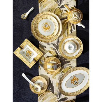 Feluri De Mâncare Set Acasă Nordic Light Lux De Aur Marginea Boluri Și Plăci Ceramice Din Porțelan Veselă Combinație Veselă