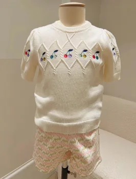 2023 fetelor noi bp tricotate cu mâneci scurte pulover cardigan alb costum de blugi