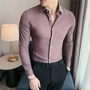 2023 Bărbați Cămașă Bărbați Îmbrăcăminte De Brand De Moda Camasa Cu Maneca Lunga Barbati Se Potrivesc Slim Fit Cu Dungi Camasi Barbati Formal Wear Bluza Homme