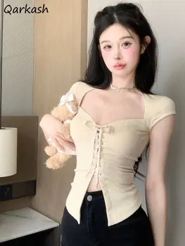 Tricouri Femei Dantelă-up Slim Fete Sexy Chic de Vară Stil coreean Blaturi Solide Pătrat Guler de Moda Streetwear Licitație Mujer Haine