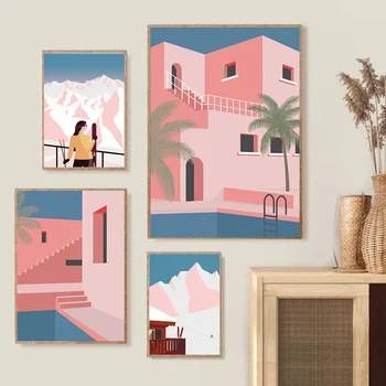 Roz Stațiune Mediteranean Sport Piscină în Stil Modern Decorativ Canvas Wall Art Poster pentru Office Home Hotel Decor Decor