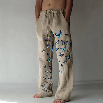 Bărbați Lenjerie de pat din Bumbac Pantaloni de Vara de Culoare Solidă Fluture de Imprimare Respirabil Pantaloni Lenjerie Bărbat Liber Casual Pantaloni Largi Picior Pantaloni
