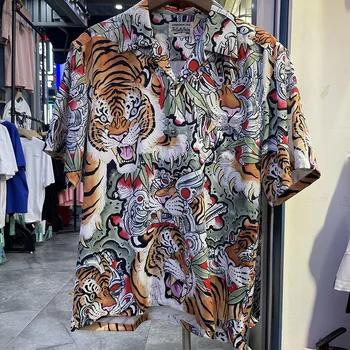 WACKO MARIA Sută de Tigru de Imprimare Casual de Vara Liber de Moda cu Maneci Scurte Barbati Haine Harajuku de Înaltă Calitate, Cămașă Hawaiană