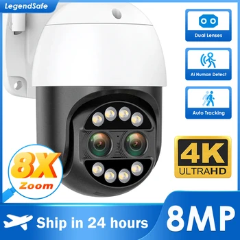 4K 8MP Ai Omului Detecta Securitate aparat de Fotografiat în aer liber, WiFi PTZ Dual Lens 4MP ICsee Alexa HD de Supraveghere CCTV, Camera IP P2P IP66