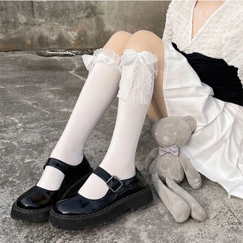 Femei Drăguț Solid Alb Negru Lolita Volane Fete Ciorapi Doamna JK Japonez Stil Gotic Dantelă Arcul Genunchi Șosete Lungi Lenjerie